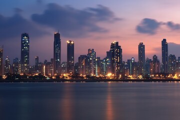 Fototapeta premium Vibrant Urban Skyline at Dusk with Glowing City Lights and Reflections