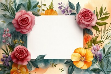 Watercolor blank greeting card template, floral border. Holiday template with copy space