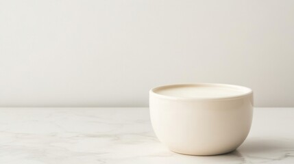 Creamy white liquid in a small, off-white ceramic cup on a marble surface against a white background.