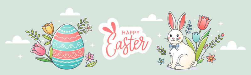 Happy Easter greeting horizontal banner. Cute easter bunny, chick with easter egg, rainbow and flowers in spring.