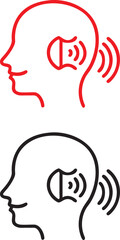 Red and black graphic icons, sound wave visualization, human head silhouette, ear shape, audio perception concept, minimalist design, bold contrasting colors, symmetrical composition, audiology symbol