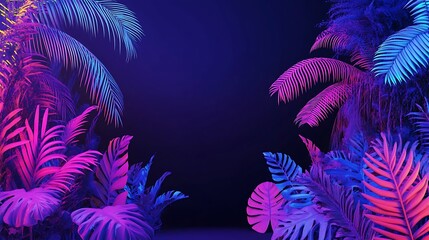 Neon Tropical Leaves Dark Background Vivid Colors