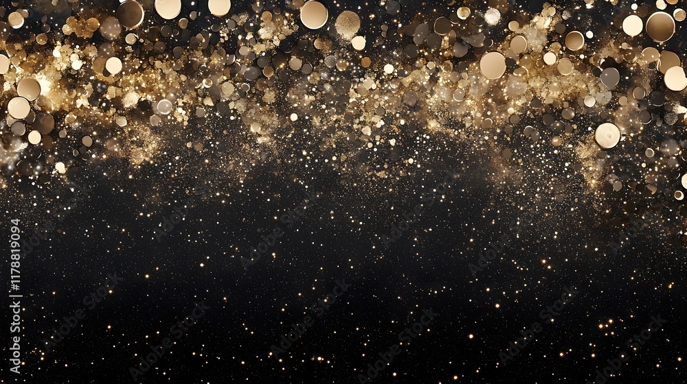 Poster shimmered sequined abstract background with golden glitter and bokeh sparkles