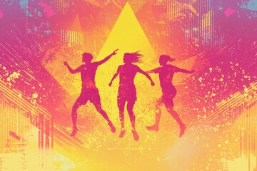 Naklejka premium Silhouettes of people jumping against vibrant abstract background