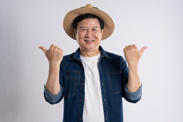 portrait of elderly asian man traveling, isolated on white background