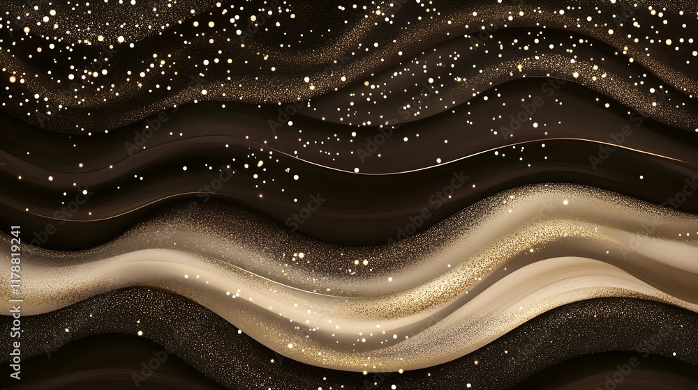 Poster shimmering mocha mousse sequined background with glittering gold accents and sparkling bokeh lights