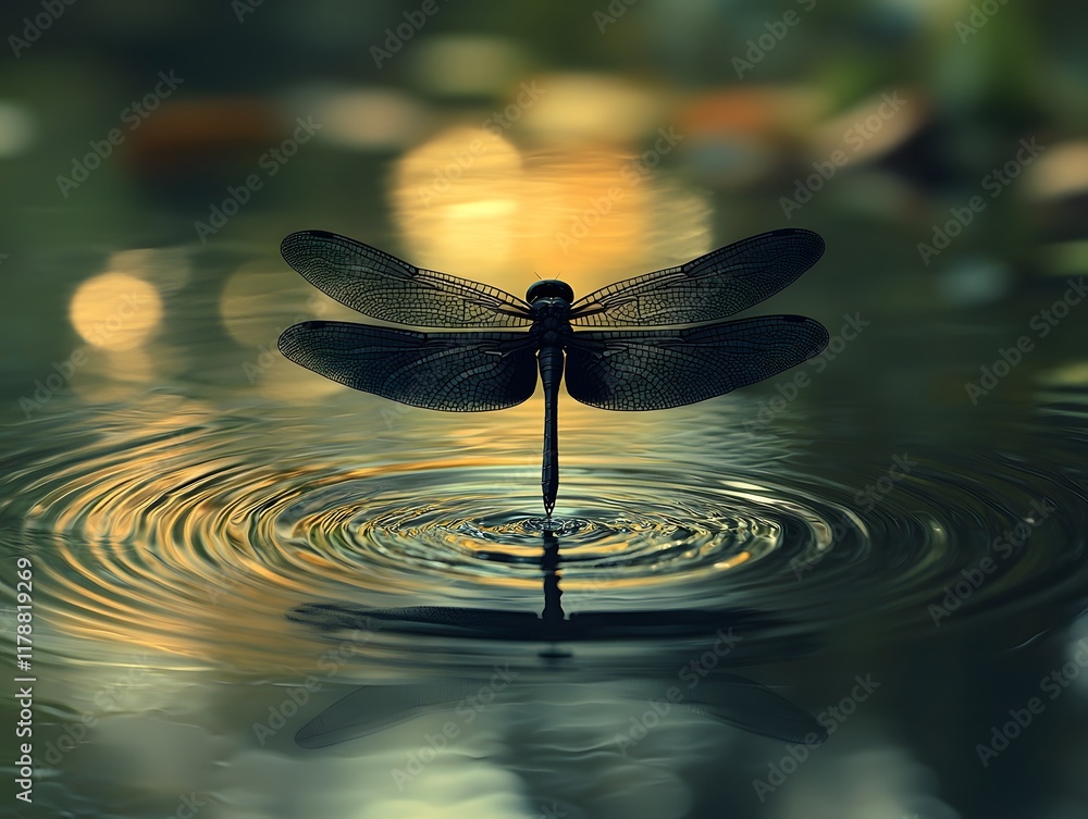 Poster dragonfly hovering over tranquil pond creating ripples on the calm water surface