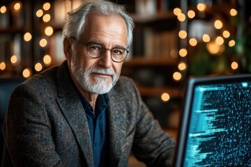 Senior Tech Professional Working in Cozy Office with Computer Code Display