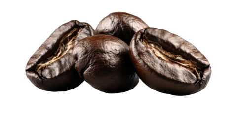 Close-up of dark roasted coffee beans. Rich, intense aroma.