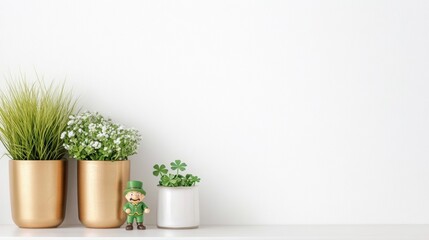 Fototapeta premium Decorative shelf adorned with St. Patrick's Day decorations featuring lucky shamrocks, golden pots and leprechauns