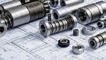 Metal components, technical drawings, engineering parts, precision machinery, industrial, manufacturing, mechanical, blueprints, 