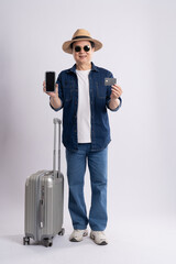 portrait of elderly asian man traveling, isolated on white background