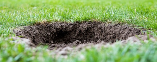 Fototapeta premium Freshly dug hole in a grassy area