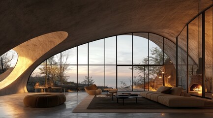 Fototapeta premium Luxurious futuristic living room with lots of light and pronounced structural architecture. 5
