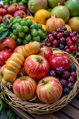 Fresh Red and Green Apples Grapes Cherries in a Rustic Wooden Basket