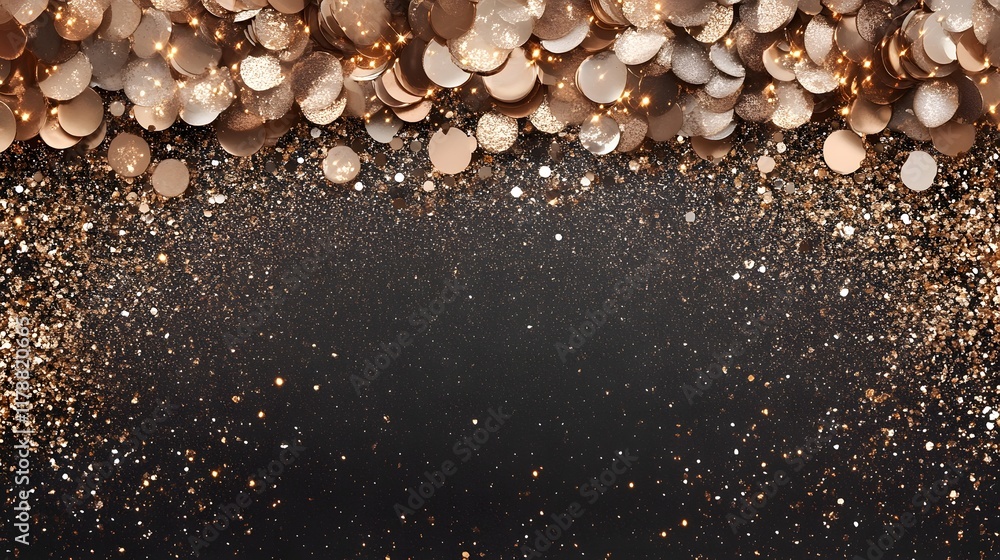Poster shimmering beige sequins glittering against dark elegant backdrop with golden bokeh sparkles