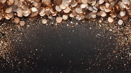 Fototapeta premium Shimmering Beige Sequins Glittering Against Dark Elegant Backdrop with Golden Bokeh Sparkles