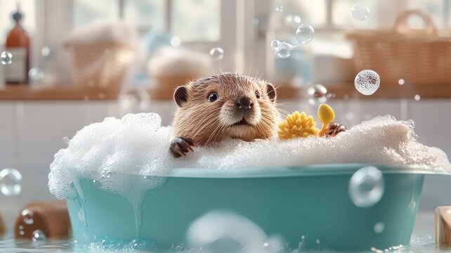 A beaver enjoying a whimsical bath with colorful bubbles and playful toys, in a fun and luxurious bathroom environment.