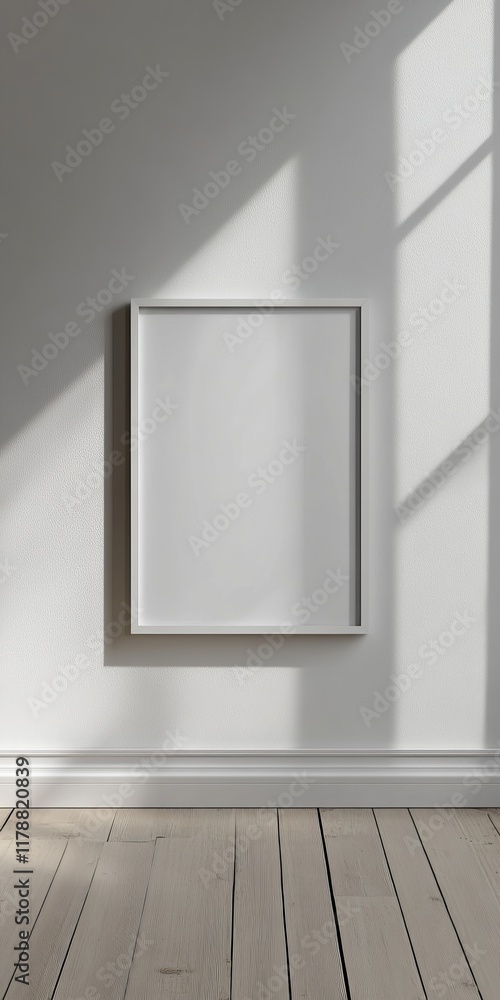 Poster a serene minimalist interior featuring an empty frame on a white wall, casting soft shadows. ideal f