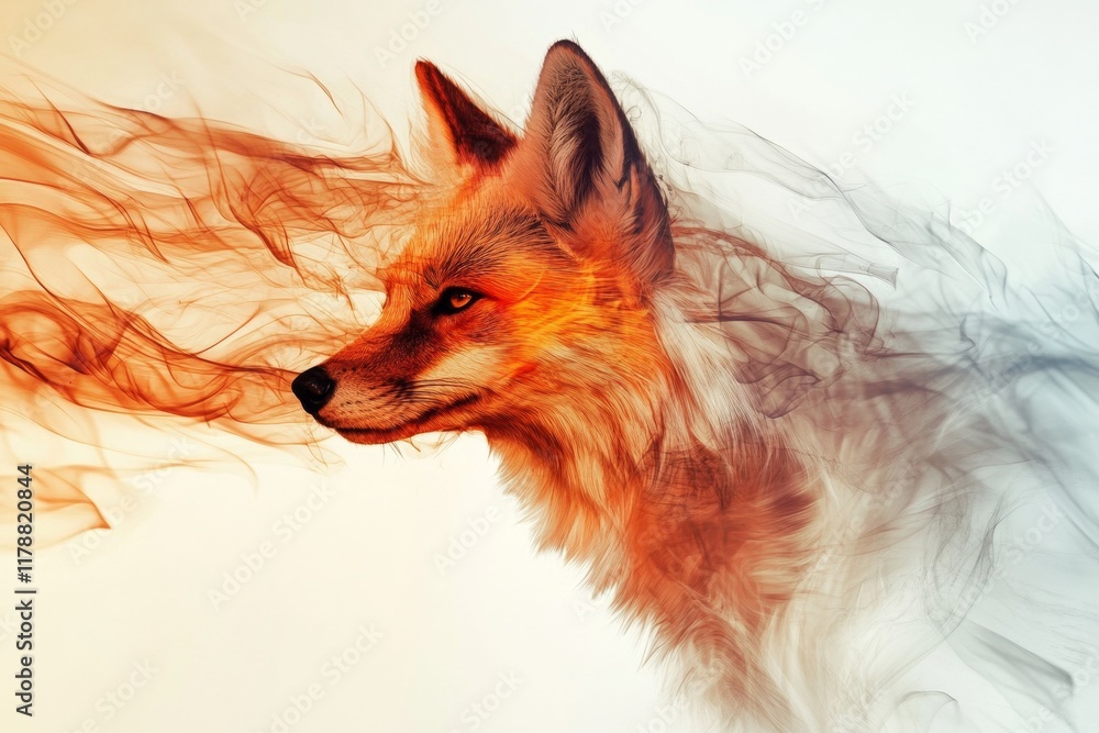 Poster fox is shown with its head in the smoke of a fire. the fox is looking at the camera with a curious e