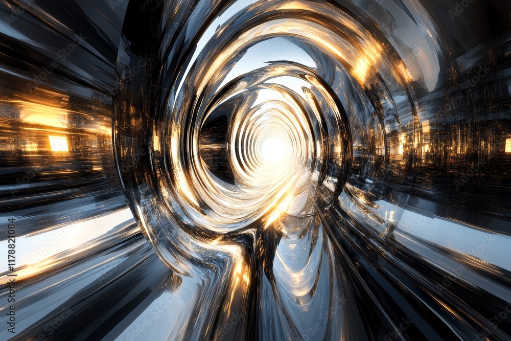 Aufkleber a mesmerizing digital artwork featuring a futuristic metallic tunnel with glowing lights and reflect