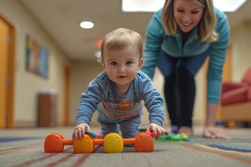 Fototapeta premium A caregiver stands behind a toddler, helping them walk with support and encouragement