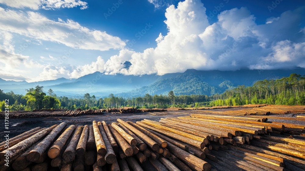 Poster a scenic view of stacked logs in a forested area with mountains and clouds in the background.