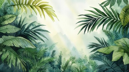 Obraz premium Rainforest canopy illuminated by sunlight rays, surrounded by vibrant tropical leaves. A refreshing and tranquil watercolor depiction of lush nature.
