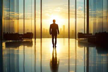 Businessman silhouetted against a stunning sunset view