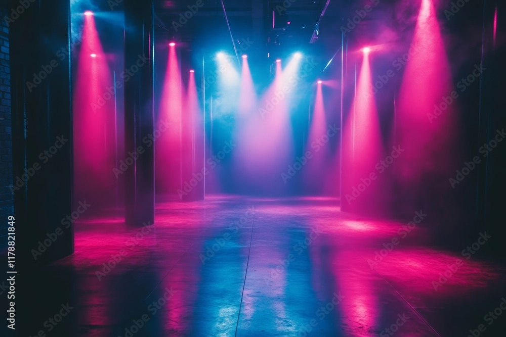 Poster dynamic scene of an empty dance floor illuminated by colorful lights. smoke adds depth, creating an 