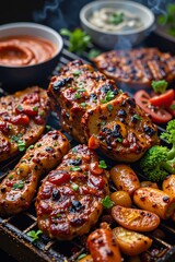 Delicious Grilled Chicken Breast with Glaze Herbs and Vegetables on BBQ Grill