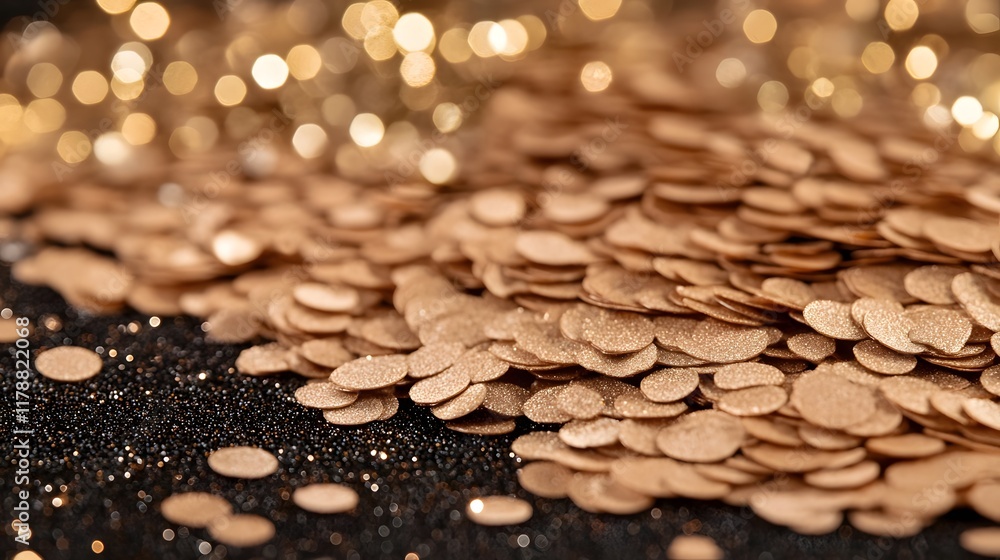 Poster shimmering beige sequins on mocha mousse backdrop with golden glitter and bokeh sparkles