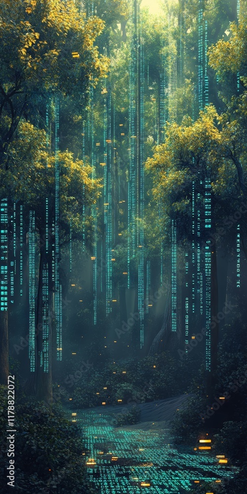 Poster surreal digital forest landscape created with binary code and lush green trees illuminated by soft l