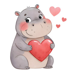 Cute baby pygmy hippo holding a red heart adorable illustration, isolated on white or transparent background