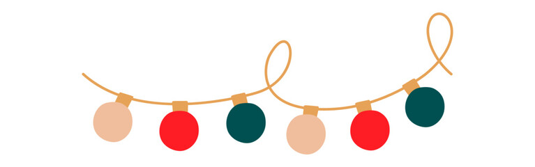 Christmas lights looped garland with colored circle bulbs. Xmas festive string decoration with hanging retro lightbulb. Glowing lamps for holiday cards, banners, posters, web. Vector illustration.