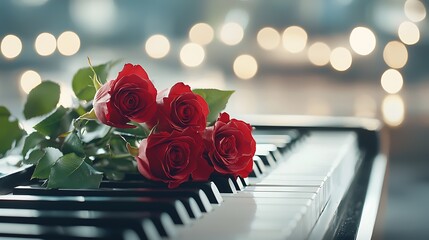 A luxurious bouquet of vibrant red roses delicately placed on the glossy surface of a grand piano bathed in the warm glow of soft candlelight creating a captivating and romantic atmosphere