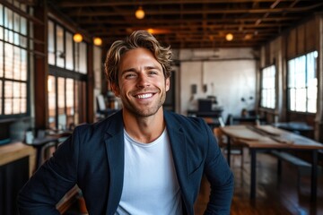 Confident young man smiling in a stylish workspace