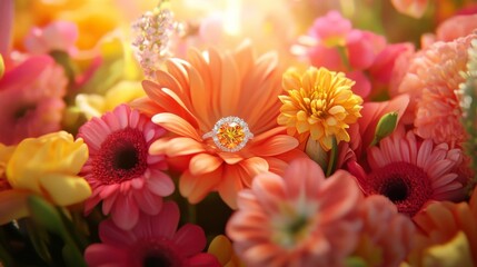 Diamond Ring Nestled Among Vibrant Orange Flowers
