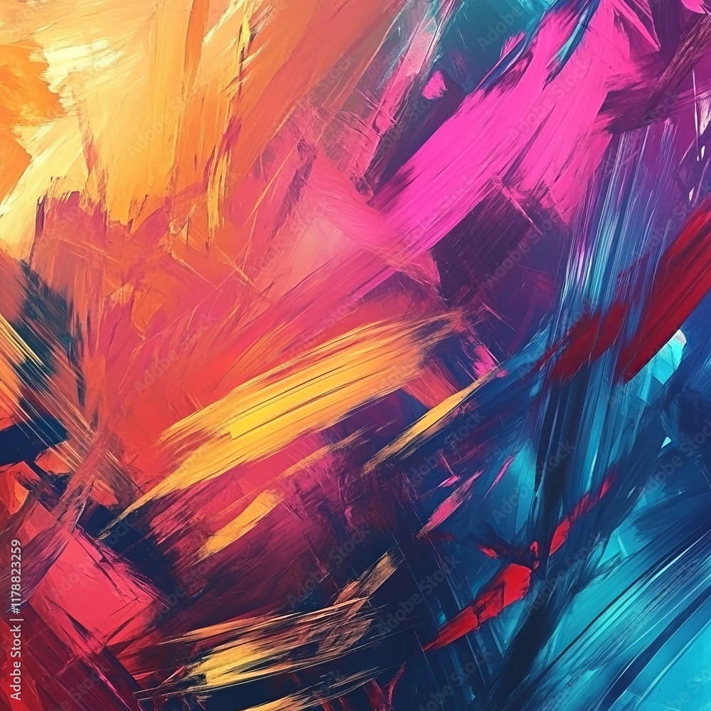 Poster a vivid abstract painting featuring dynamic brush strokes and bold colors, creating a lively and mod