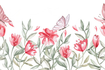 Obraz premium Cartoon meadow flowers with butterflies in seamless border. Isolated watercolor illustration for design of cards, invitations, Valentine's Day decorations, poster and fabric prints.