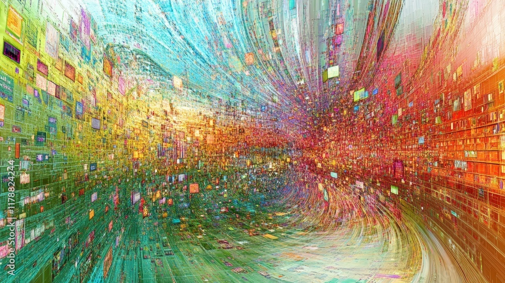 Poster explore a vibrant abstract representation of big data, showcasing dynamic patterns and colors that c