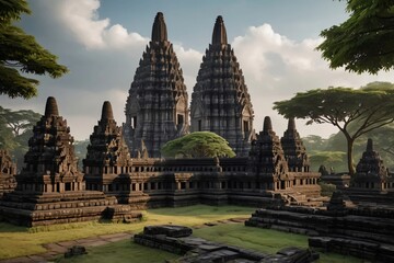 Naklejka premium Prambanan Temple complex in Indonesia. The image features intricate stone carvings and details of the ancient Hindu temple structure. 