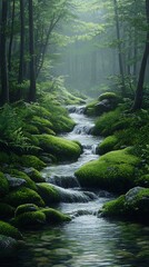 Obraz premium Forest cabin with moss and stream high resolution hd picture