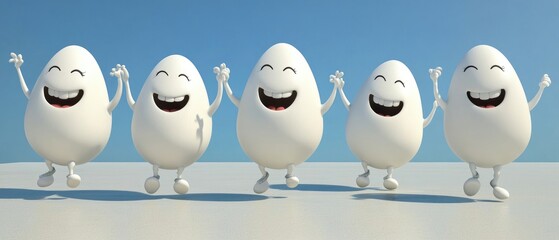 Obraz premium Happy Dancing Eggs: Joyful Cartoon Characters Against a Clear Blue Sky