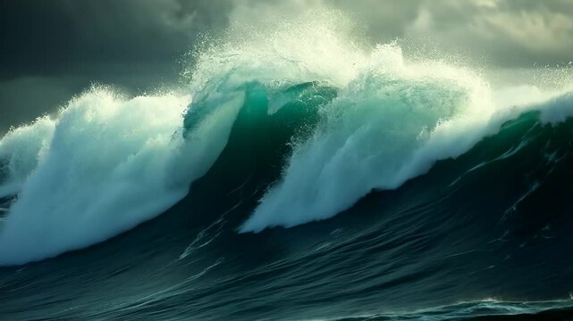 A massive wave crashes forcefully into the turbulent ocean under gloomy clouds, creating a dramatic, dynamic scene, The contrasting calmness and violence of ocean waves