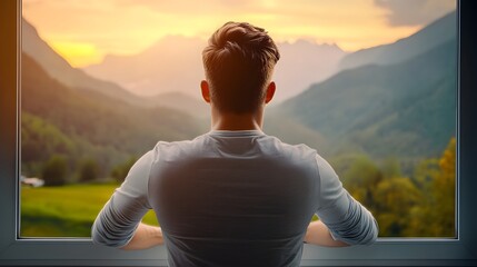 A thoughtful individual stands before a large window gazing out at a breathtaking mountain landscape bathed in the warm glow of a setting sun