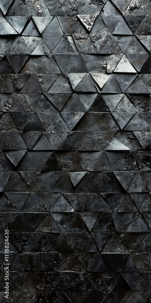 Poster close-up of a black stone wall with geometric triangular patterns, offering a modern and textured ar