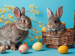 Two adorable baby bunnies in a wicker Easter basket.