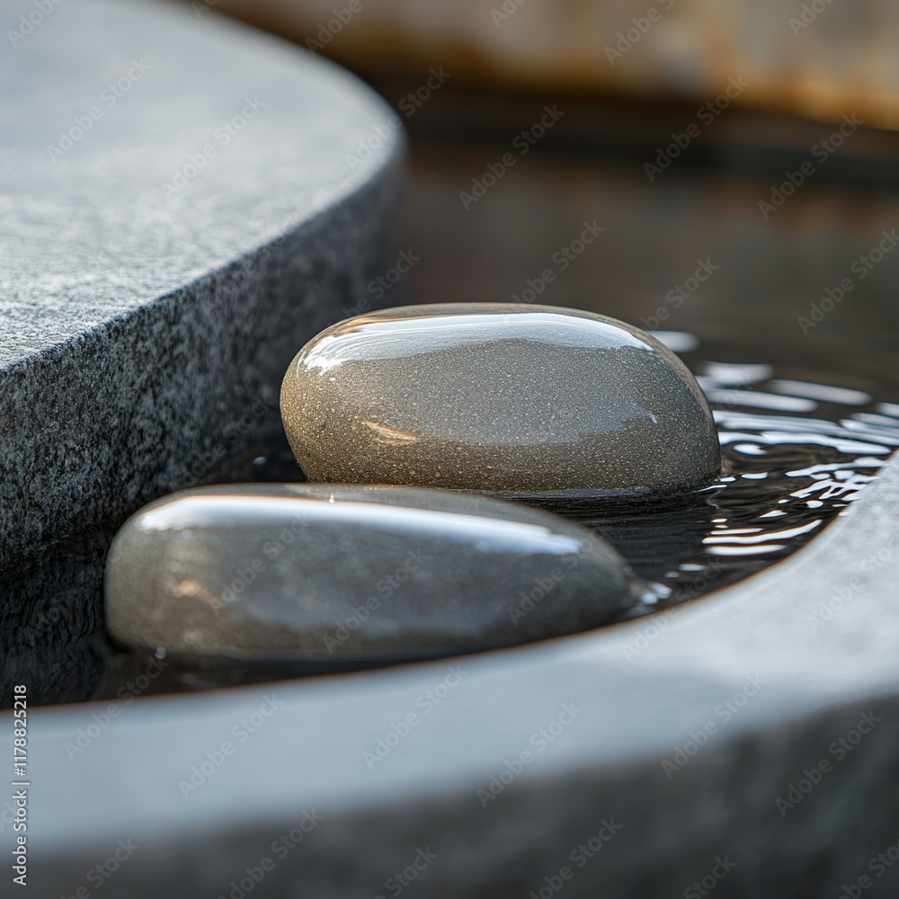 Poster close-up of smooth pebbles in a serene water feature, creating a calming zen atmosphere with gentle 