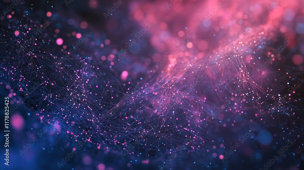 Poster Explore a stunning abstract digital background featuring interconnected nodes that represent data flows in vibrant colors. Ideal for technology and innovation themes.